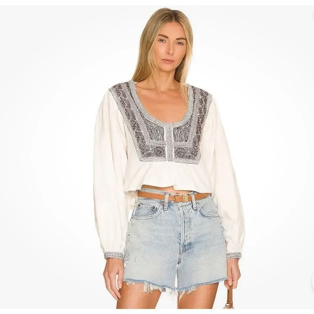 FREE PEOPLE Iggie Embroidered Blouse in Ivory/Black Bean Size XS
